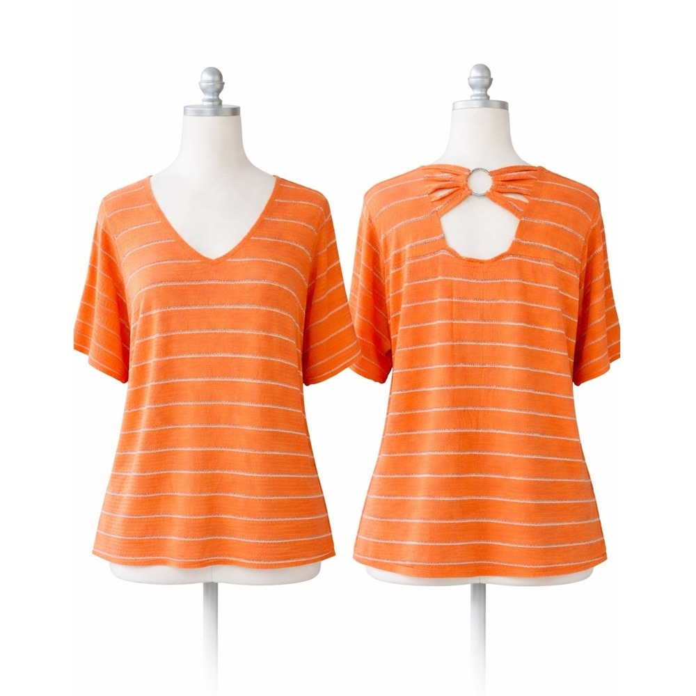 Studio JPR Orange Striped V Neck Back Ring Detail‎ 3/4 Sleeve Top Women's L